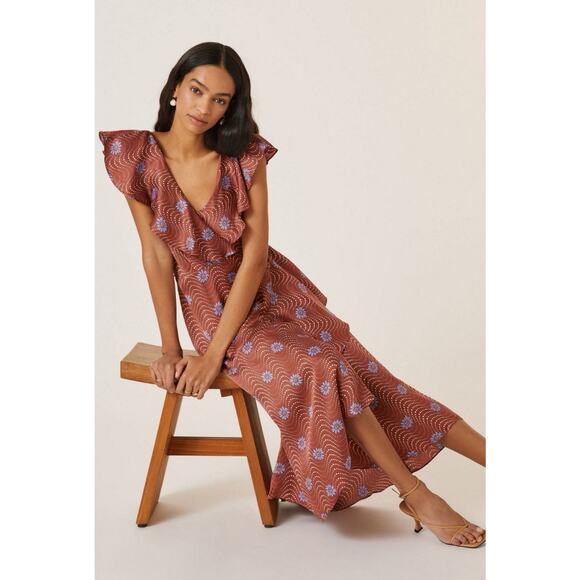 Anthropologie Ruffle Sleeve Printed Wrap Maxi Silky Dress Medium Brown Copper - Picture 1 of 13